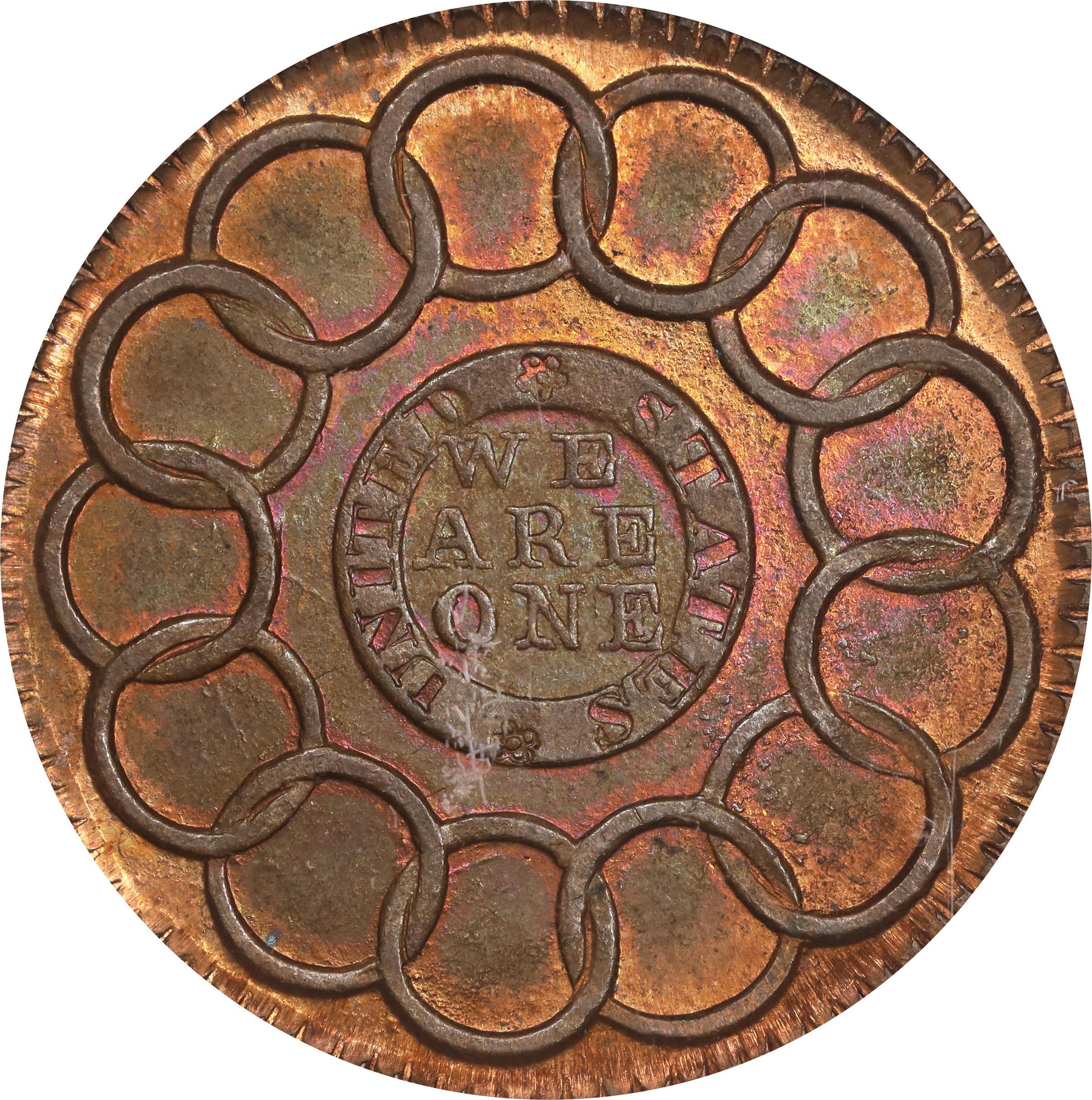 image for: "1787" (ca. 1860) Fugio Cent. "New Haven Restrike." Newman 104-FF, W-17560. Rarity-3. Copper. MS-65 RB (PCGS). CAC.