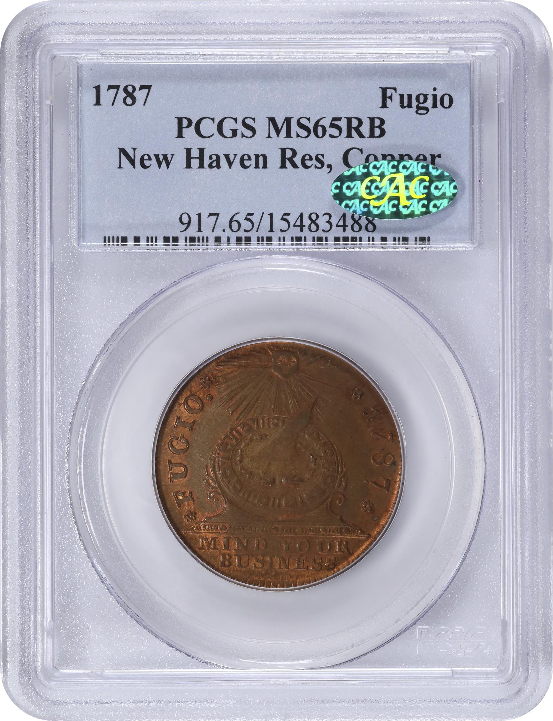 image for: "1787" (ca. 1860) Fugio Cent. "New Haven Restrike." Newman 104-FF, W-17560. Rarity-3. Copper. MS-65 RB (PCGS). CAC.