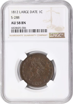 image for: 1812 Classic Head Cent. S-288, B-3. Rarity-2. Large Date. AU-58 BN (NGC).