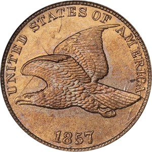 image for: 1857 Flying Eagle Cent. Type of 1857. Snow-9, FS-402. Obverse Die Clash with Liberty Seated Half Dollar Die. MS-64 (NGC).