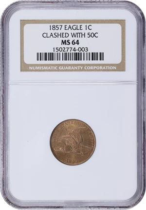 image for: 1857 Flying Eagle Cent. Type of 1857. Snow-9, FS-402. Obverse Die Clash with Liberty Seated Half Dollar Die. MS-64 (NGC).