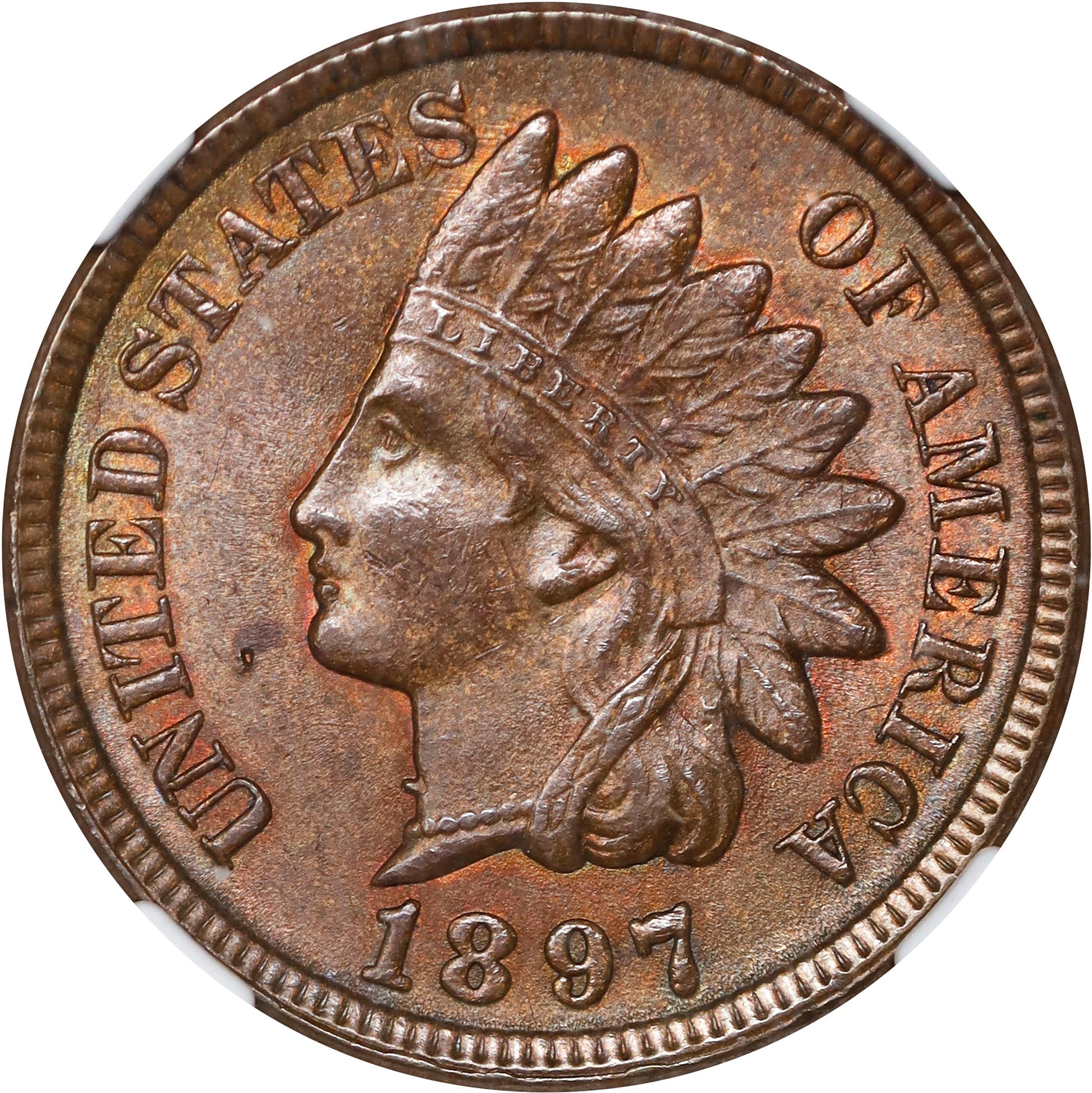 image for: 1897 Indian Cent. Snow-1, FS-401. Misplaced Date, 1 in Neck. MS-63 BN (NGC).