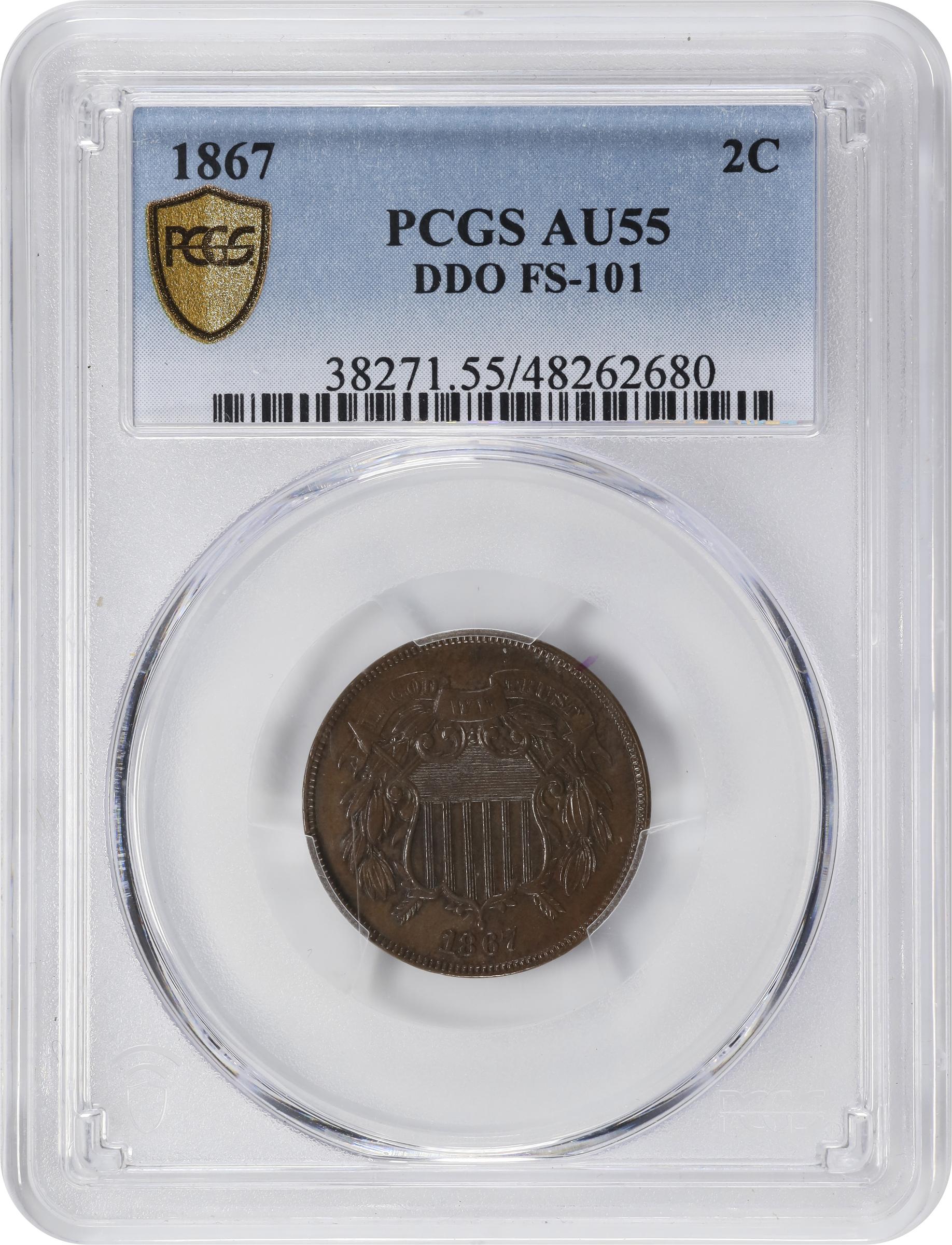 image for: 1867 Two-Cent Piece. FS-101. Doubled Die Obverse. AU-55 (PCGS).