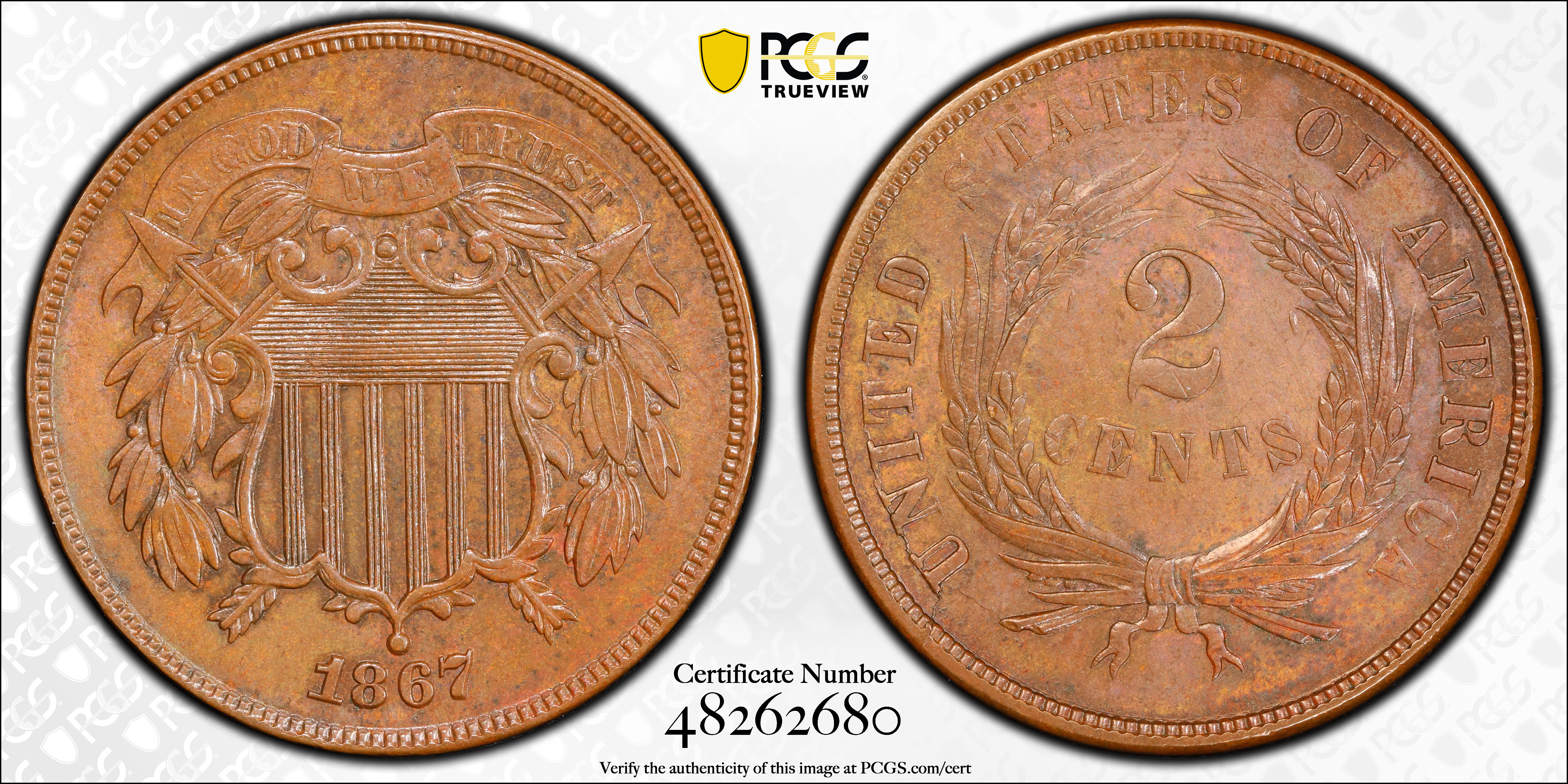image for: 1867 Two-Cent Piece. FS-101. Doubled Die Obverse. AU-55 (PCGS).