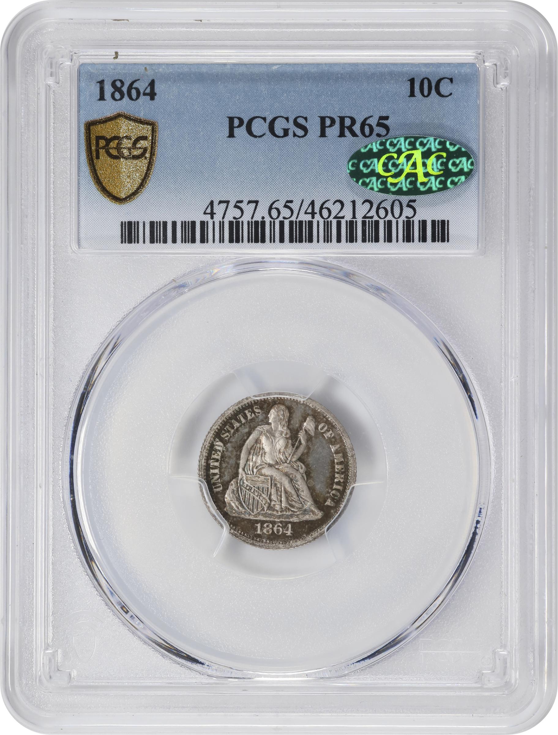 image for: 1864 Liberty Seated Dime. Fortin-101. Rarity-4. Proof-65 (PCGS). CAC.