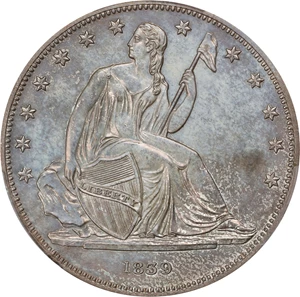 image for: 1839 Gobrecht Silver Dollar. Name Removed. Judd-104 Restrike, Pollock-116. Rarity-3. Silver. Reeded Edge. Die Alignment IV. Proof-63+ (PCGS). CAC.