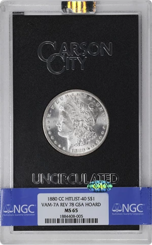 image for: 1880-CC GSA Morgan Silver Dollar. VAM-7A. Hit List 40. 8/7, Reverse of 1878. MS-65 (NGC). CAC.