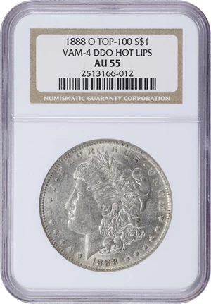 image for: 1888-O Morgan Silver Dollar. VAM-4. Top 100 Variety. Doubled Die Obverse, Hot Lips. AU-55 (NGC).