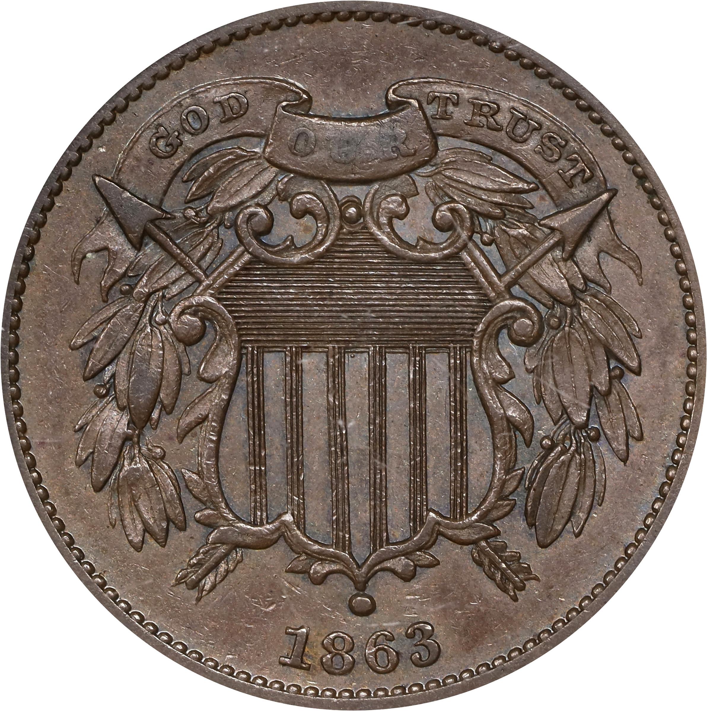 image for: 1863 Pattern Two-Cent Piece. Judd-312, Pollock-377. Rarity-4. Bronze. Plain Edge. Proof-62 BN (PCGS). OGH.