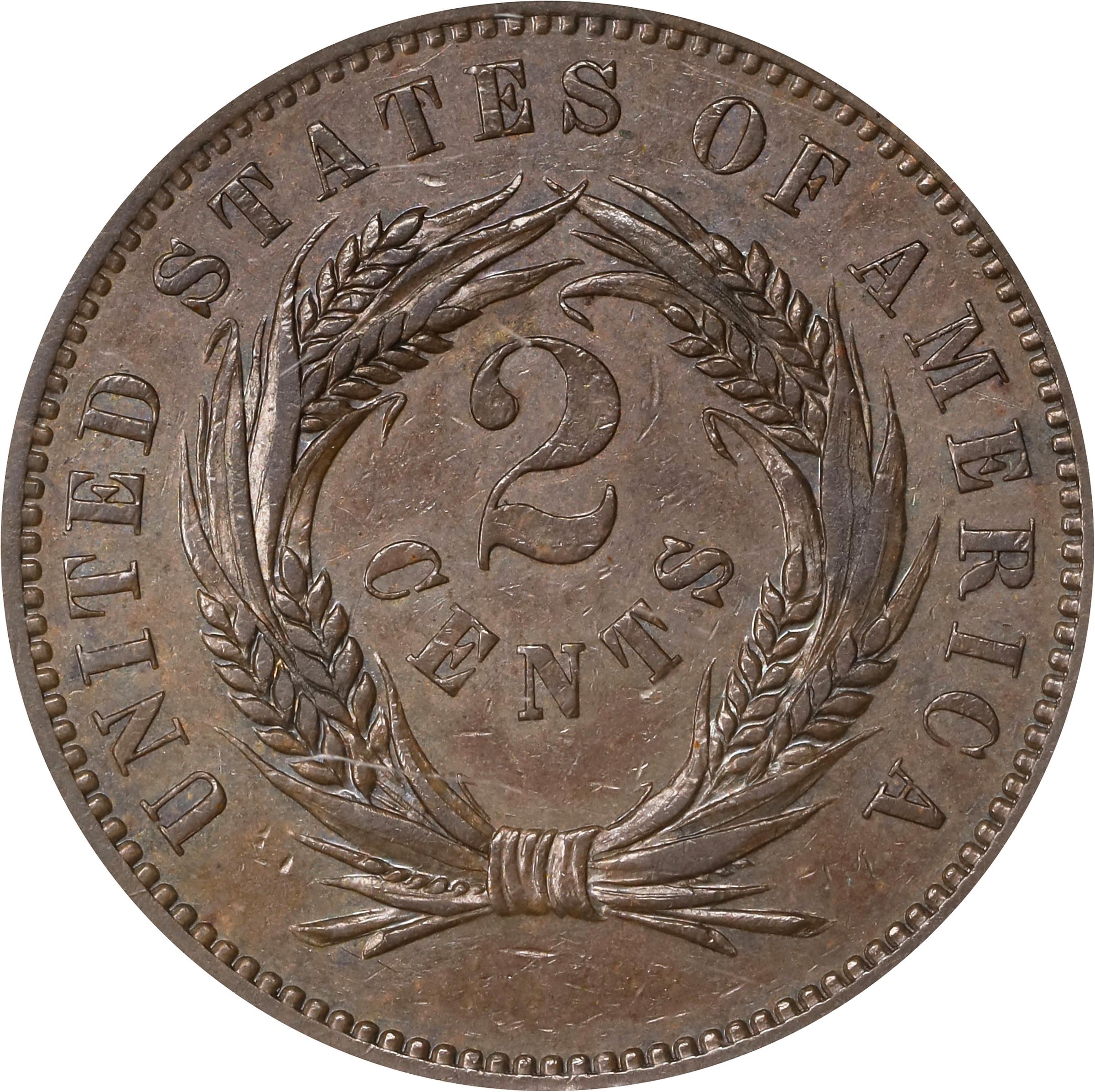 image for: 1863 Pattern Two-Cent Piece. Judd-312, Pollock-377. Rarity-4. Bronze. Plain Edge. Proof-62 BN (PCGS). OGH.