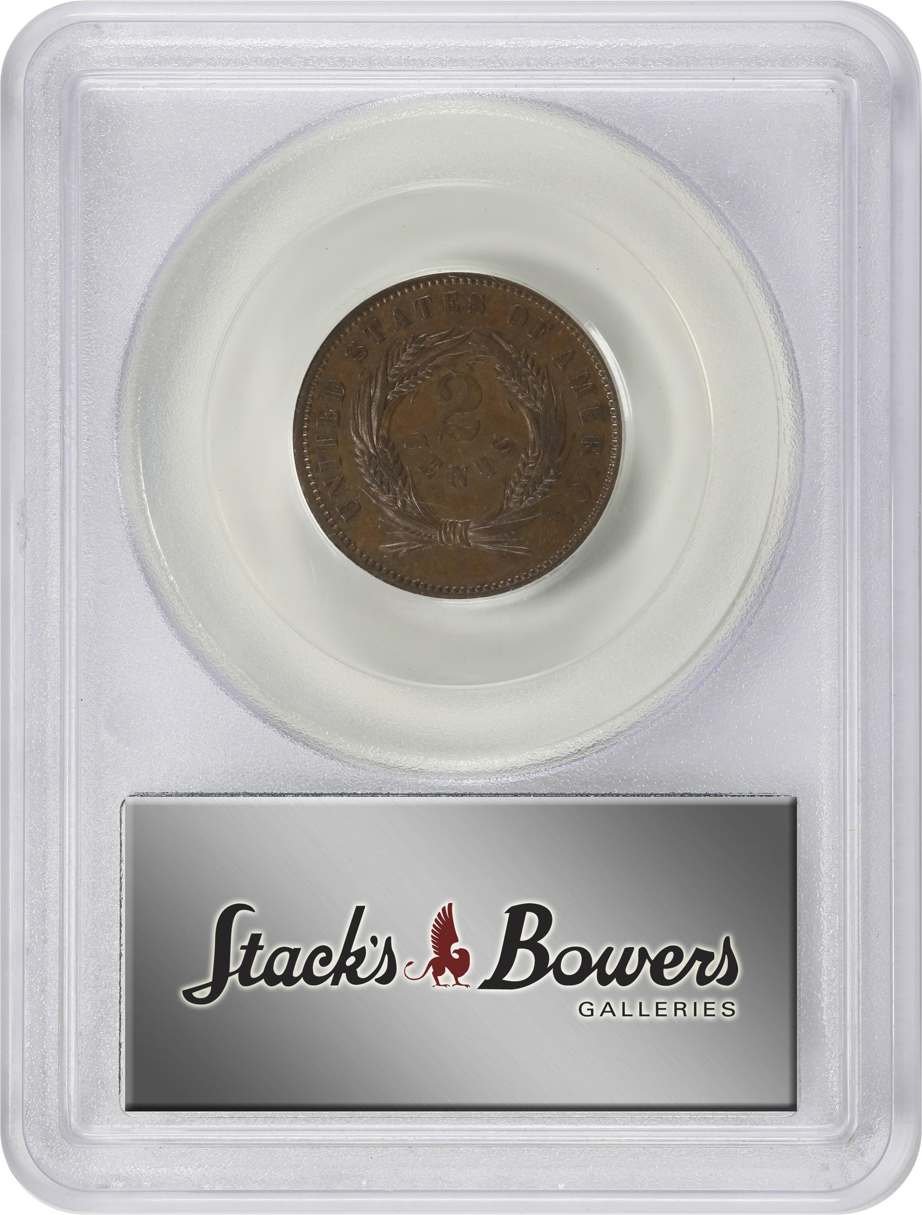 image for: 1863 Pattern Two-Cent Piece. Judd-312, Pollock-377. Rarity-4. Bronze. Plain Edge. Proof-62 BN (PCGS). OGH.