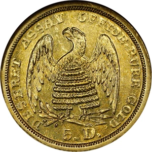 image for: 1860 Mormon $5. K-6. Rarity-5+. MS-62 (NGC). CMQ.