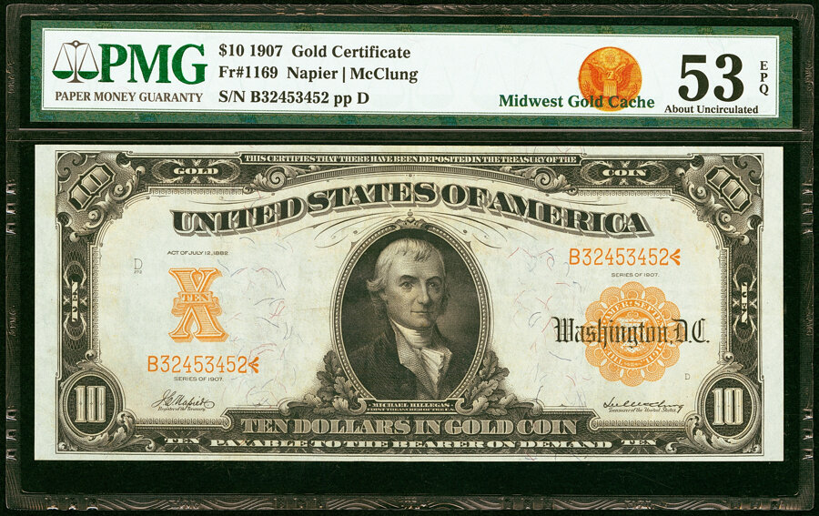 image for: Fr. 1169 $10 1907 Gold Certificate PMG About Uncirculated 53 EPQ....
