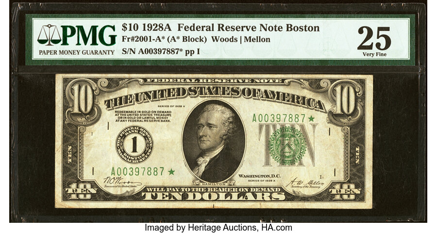 image for: Fr. 2001-A* $10 1928A Federal Reserve Star Note. PMG Very Fine 25....