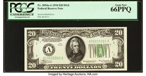 image for: Fr. 2054-A $20 1934 Federal Reserve Note. PCGS Gem New 66PPQ....