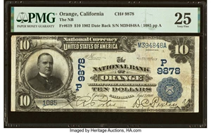 image for: Orange, CA - $10 1902 Date Back Fr. 619 The National Bank of Orange Ch. # (P)9878 PMG Very Fine 25....