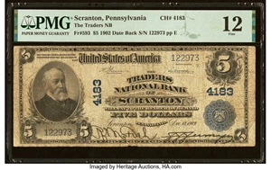 image for: Scranton, PA - $5 1902 Plain Back Fr. 601 The Traders National Bank Ch. # 4183 PMG Fine 12....