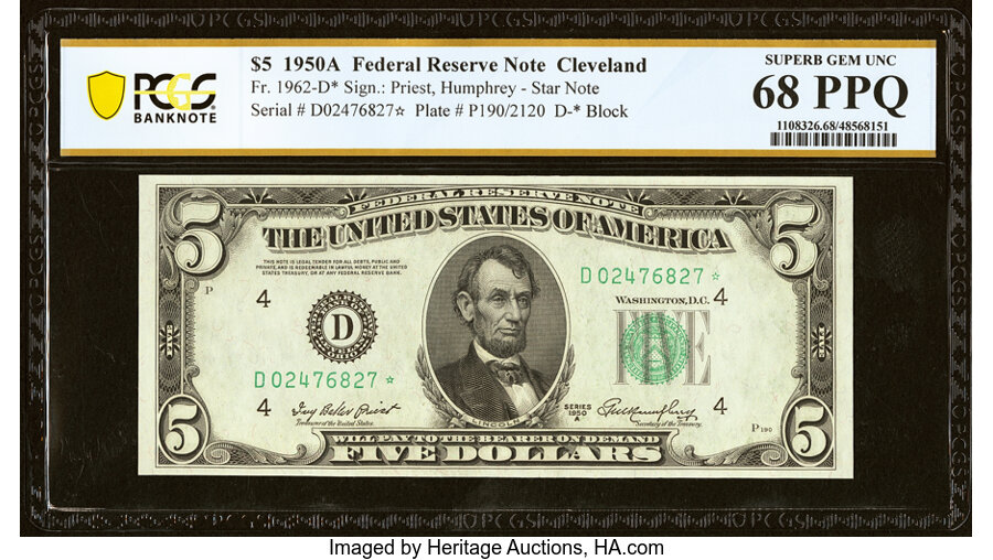 image for: Fr. 1962-D* $5 1950A Federal Reserve Star Note. PCGS Banknote Superb Gem Unc 68 PPQ....
