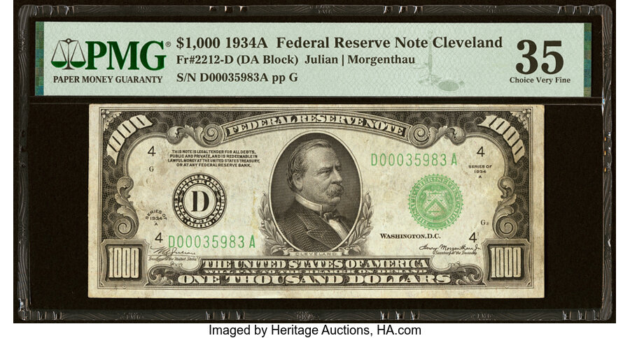image for: Fr. 2212-D $1,000 1934A Federal Reserve Note. PMG Choice Very Fine 35....