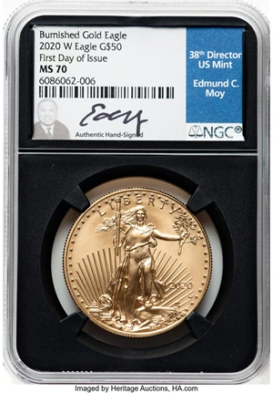 image for: 2020 $1 Silver Eagle, Burnished Gold, First Day of Issue MS70 NGC. Moy Signature. NGC Census: (0). PCGS Population: (11146)...