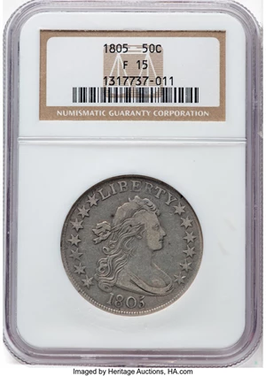 image for: 1805 50C O-111, T-3, R.3, Fine 15 NGC. NGC Census: (24/255). Mintage 211,722....