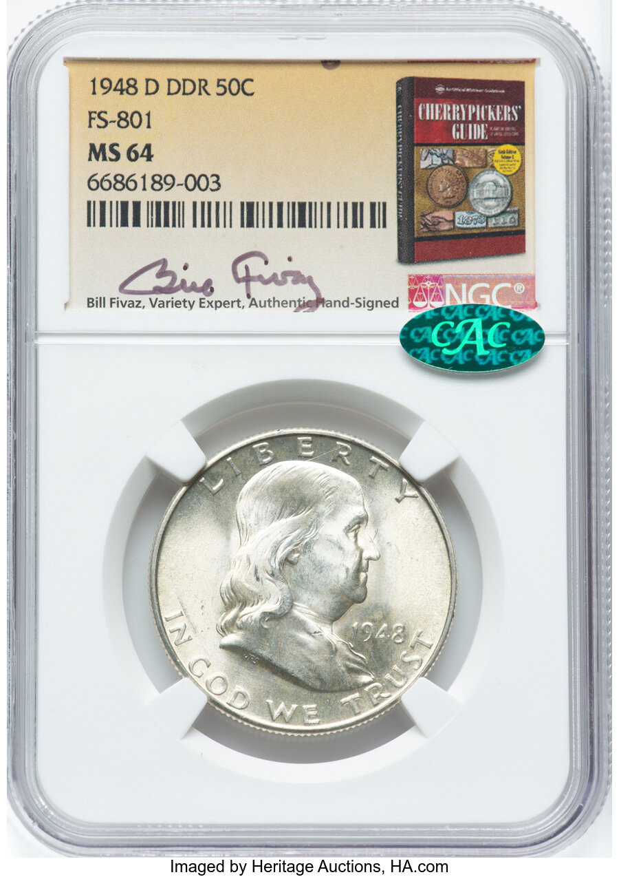 image for: 1948-D 50C Doubled Die Reverse, FS-801, MS64 NGC. CAC. Bill Fivaz Authentic Hand-Signed. NGC Census: (0/0). PCGS Population...