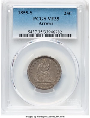 image for: 1855-S 25C ARROWS VF35 PCGS. PCGS Population: (7/40). Mintage 396,400. ...