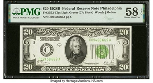 image for: Fr. 2052-C $20 1928B Light Green Seal Federal Reserve Note. PMG Choice About Unc 58 EPQ....