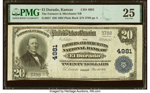 image for: El Dorado, KS - $20 1902 Plain Back Fr. 657 The Farmers & Merchants National Bank Ch. # 4981 PMG Very Fine 25....