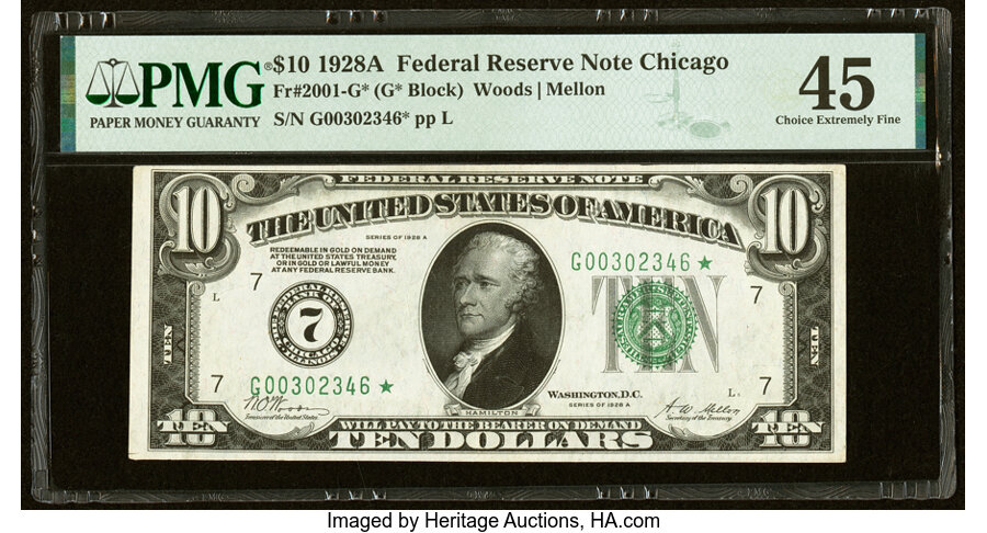 image for: Fr. 2001-G* $10 1928A Federal Reserve Star Note. PMG Choice Extremely Fine 45....