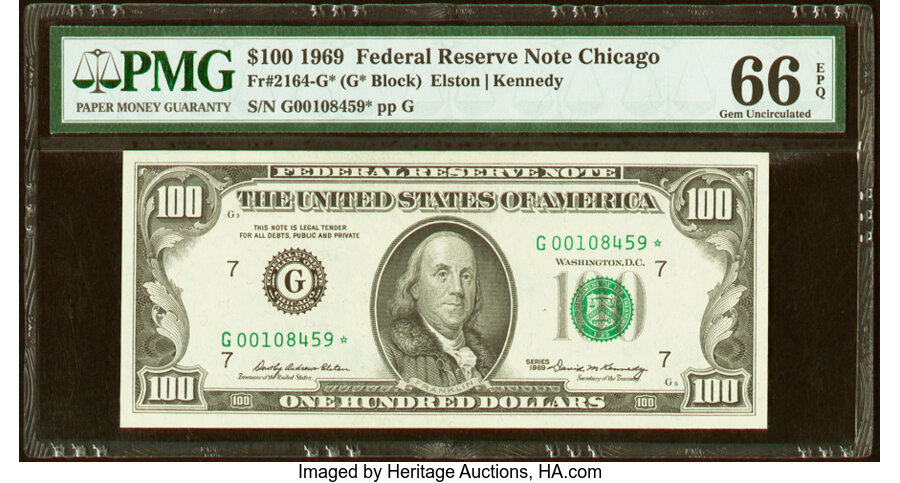 image for: Fr. 2164-G* $100 1969 Federal Reserve Star Note. PMG Gem Uncirculated 66 EPQ....