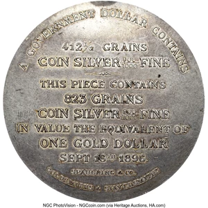 image for: 1896 Bryan Dollar Spaulding & Co, Uniface, Silver, Z-15, HK-786, S-17, R.5, AU58 NGC. The reverse is counterstamped J.H. Wal...