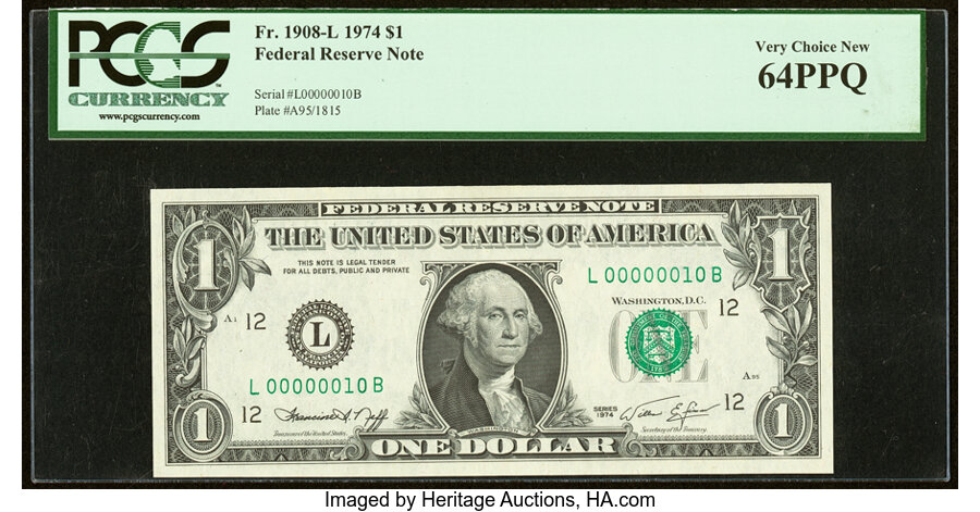 image for: Low Serial Number 10 Fr. 1908-L $1 1974 Federal Reserve Note. PCGS Very Choice New 64PPQ....