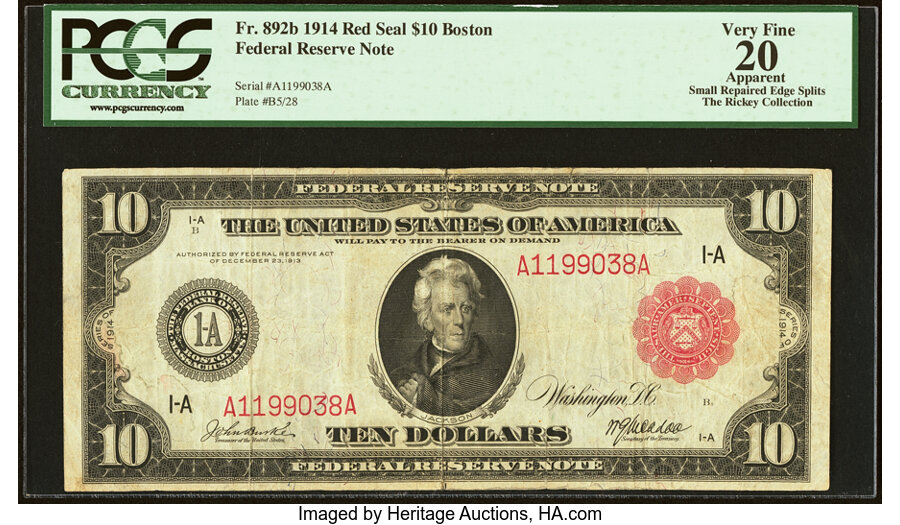 image for: Fr. 892b $10 1914 Red Seal Federal Reserve Note PCGS Apparent Very Fine 20....
