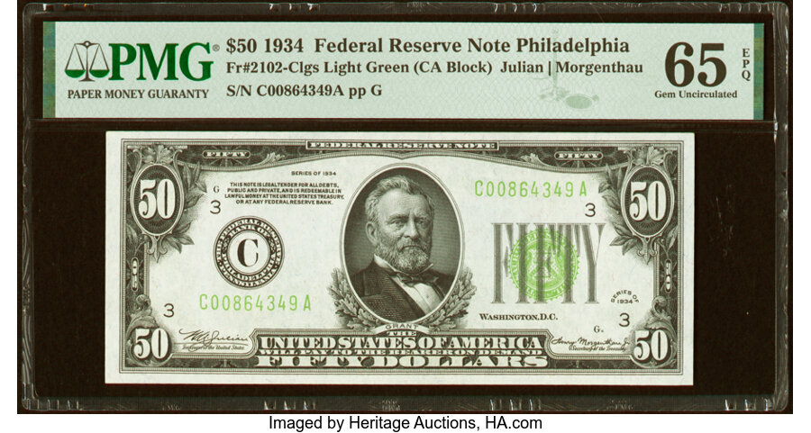 image for: Fr. 2102-C $50 1934 Light Green Seal Federal Reserve Note. PMG Gem Uncirculated 65 EPQ....