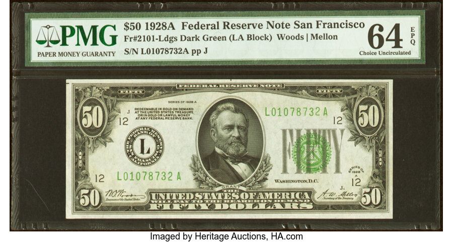 image for: Fr. 2101-L $50 1928A Federal Reserve Note. PMG Choice Uncirculated 64 EPQ....