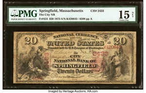 image for: Springfield, MA - $20 1875 Fr. 434 The City National Bank Ch. # 2433 PMG Choice Fine 15 Net....