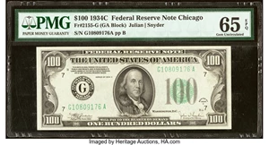 image for: Fr. 2155-G $100 1934C Federal Reserve Note. PMG Gem Uncirculated 65 EPQ....