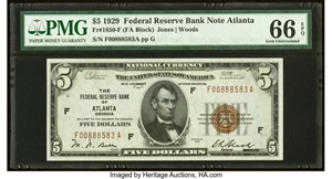 image for: Fr. 1850-F $5 1929 Federal Reserve Bank Note. PMG Gem Uncirculated 66 EPQ....