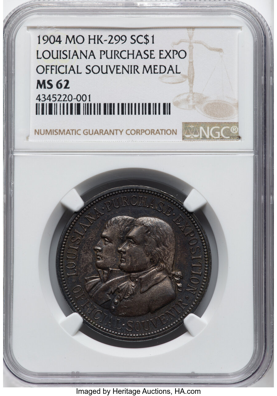 image for: 1904 Louisiana Purchase Exposition, Official Souvenir, Silver, HK-299, Hendershott-30-190, SH 13-1 S, R.4, MS62 NGC.Fr...