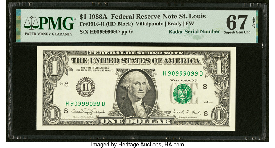 image for: Repeater Serial Number 90999099 Fr. 1916-H $1 1988A Federal Reserve Note. PMG Superb Gem Unc 67 EPQ....