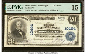 image for: Brookhaven, MS - $20 1902 Plain Back Fr. 657 The First National Bank Ch. # 10494 PMG Choice Fine 15....