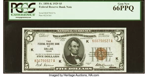 image for: Fr. 1850-K $5 1929 Federal Reserve Bank Note. PCGS Gem New 66PPQ....