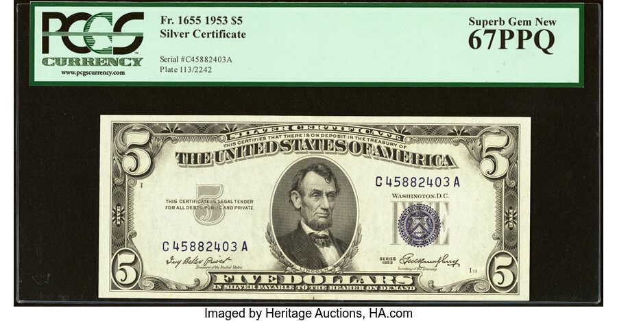image for: Fr. 1655 $5 1953 Silver Certificate. PCGS Superb Gem New 67PPQ....