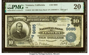 image for: Ventura, CA - $10 1902 Date Back Fr. 619 National Bank of Ventura Ch. # (P)9685 PMG Very Fine 20....