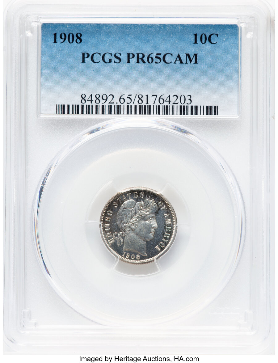 image for: 1908 10C PR65 Cameo PCGS. PCGS Population: (7/17).  ...