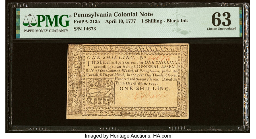 image for: Pennsylvania April 10, 1777 1s PMG Choice Uncirculated 63....