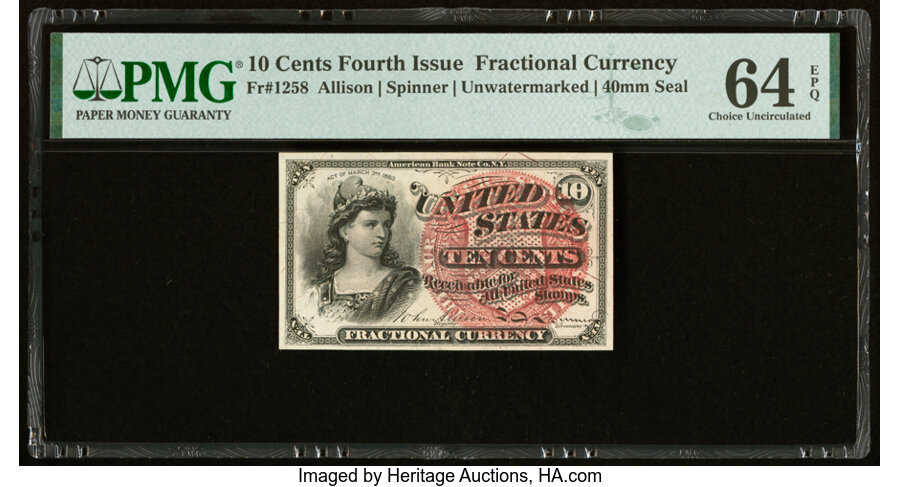 image for: Fr. 1258 10¢ Fourth Issue PMG Choice Uncirculated 64 EPQ....