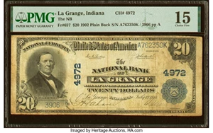 image for: La Grange, IN - $20 1902 Plain Back Fr. 657 The National Bank of La Grange Ch. # 4972 PMG Choice Fine 15....