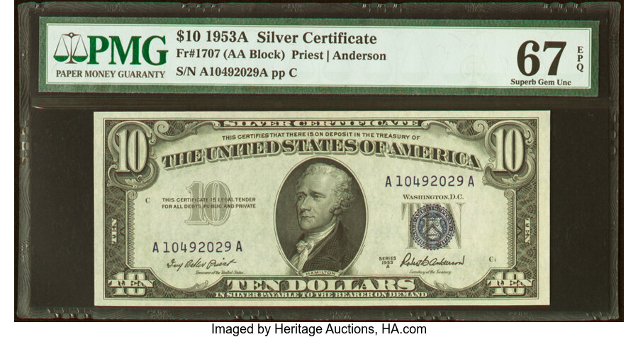 image for: Fr. 1707 $10 1953A Silver Certificate. PMG Superb Gem Unc 67 EPQ....
